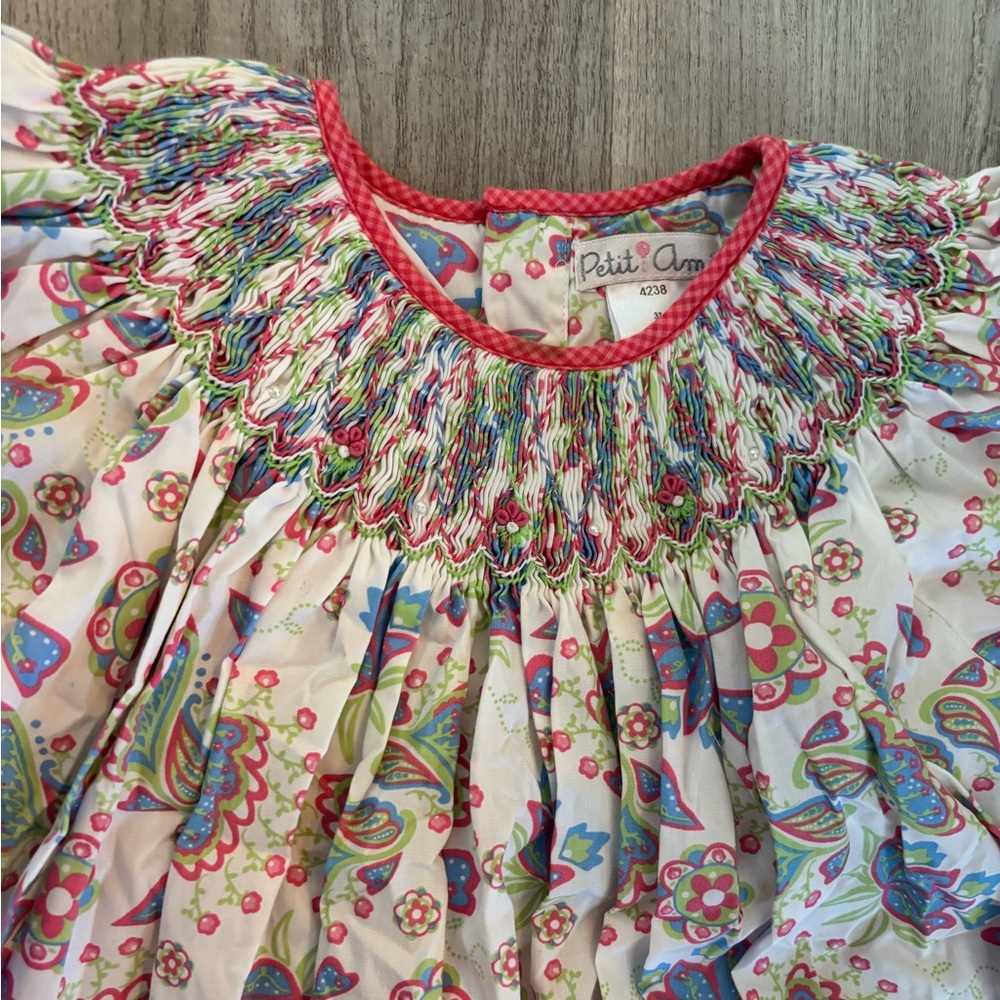 Petit Ami Smocked Paisley Floral Dress in Pink, Blue & Green